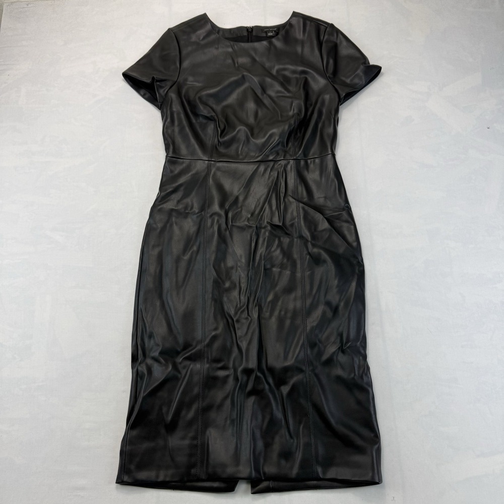 Ann Taylor Women's Size 2 Black Faux Leather Sheath Midi Dress Short Sleeve NWT